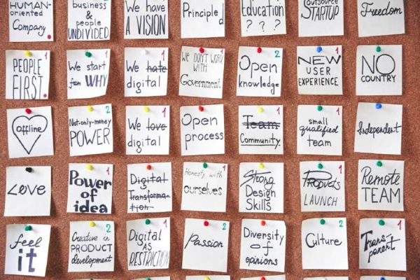 A bulletin board of notes with thumbtacks in a grid.